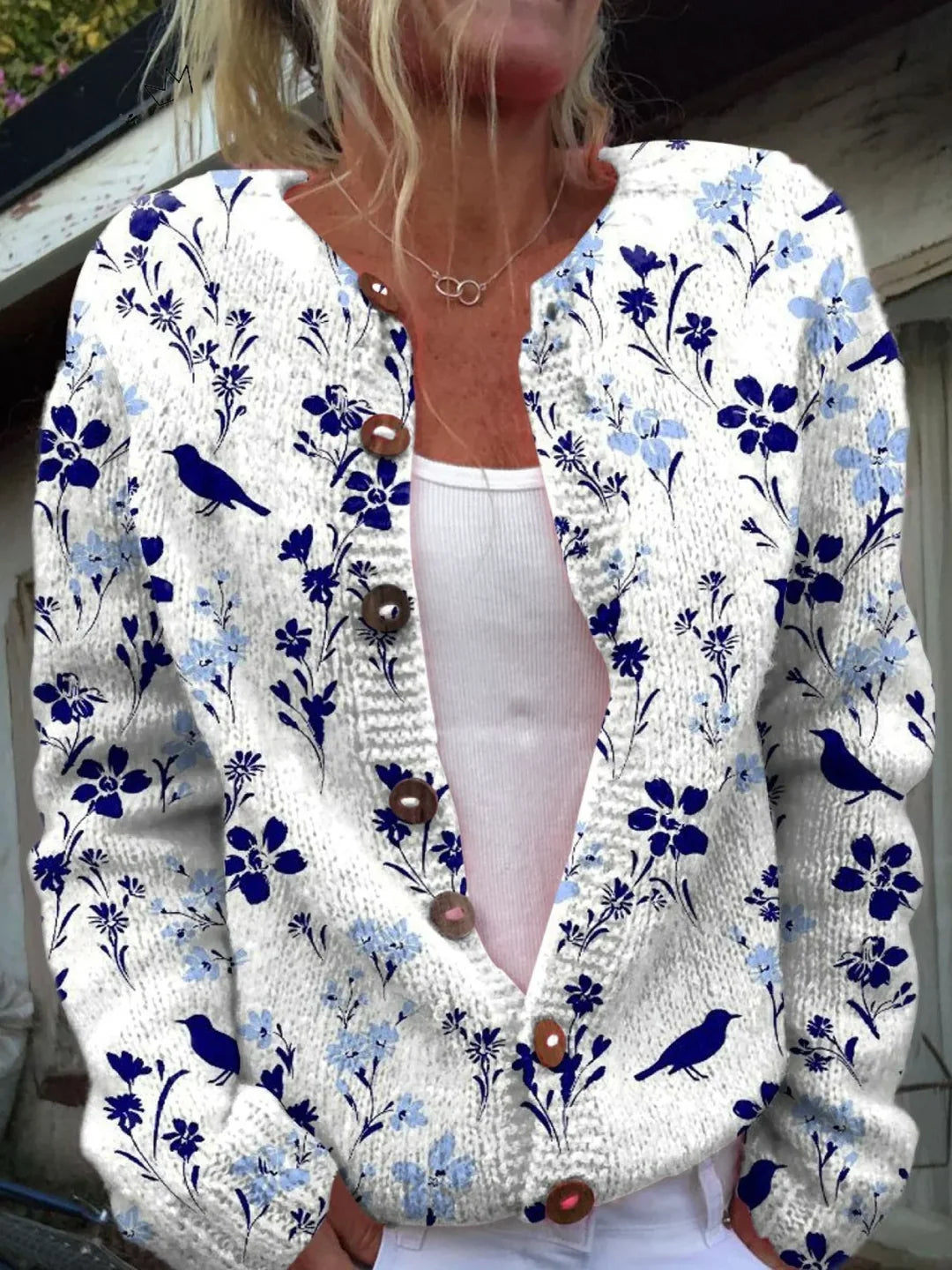 Vynora™ | Vintage Floral Bird Print Button-Front Cardigan Sweater.