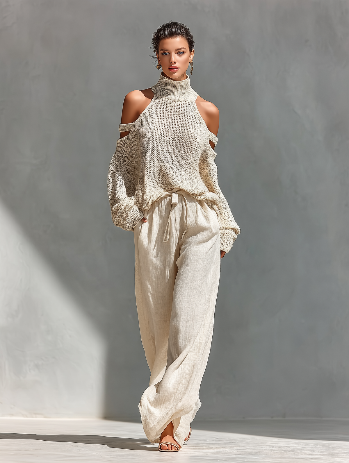 MARIA | Knit Fabric Cold-Shoulder Turtleneck Top & Wide-Leg Pants Set
