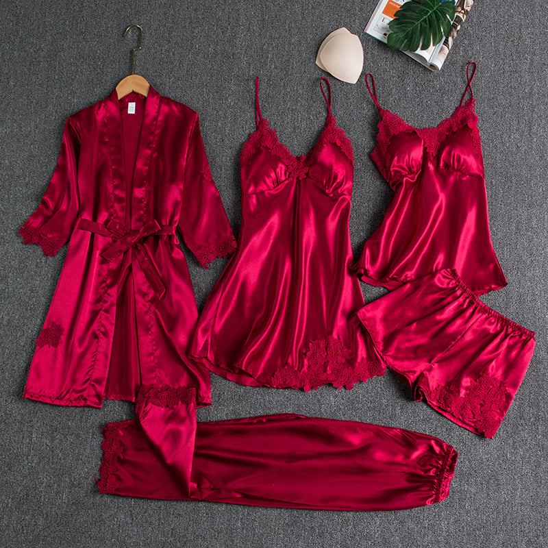 Luna | 5-Piece Satin & Lace Sleepwear Set