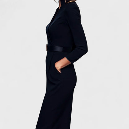 Mandarin | Elegant Belted Dress with Mandarin Collar