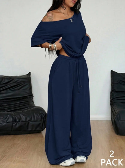 Chicbeautyy Off Shoulder T-Shirt and Wide Leg Pants Two Pieces Outfits