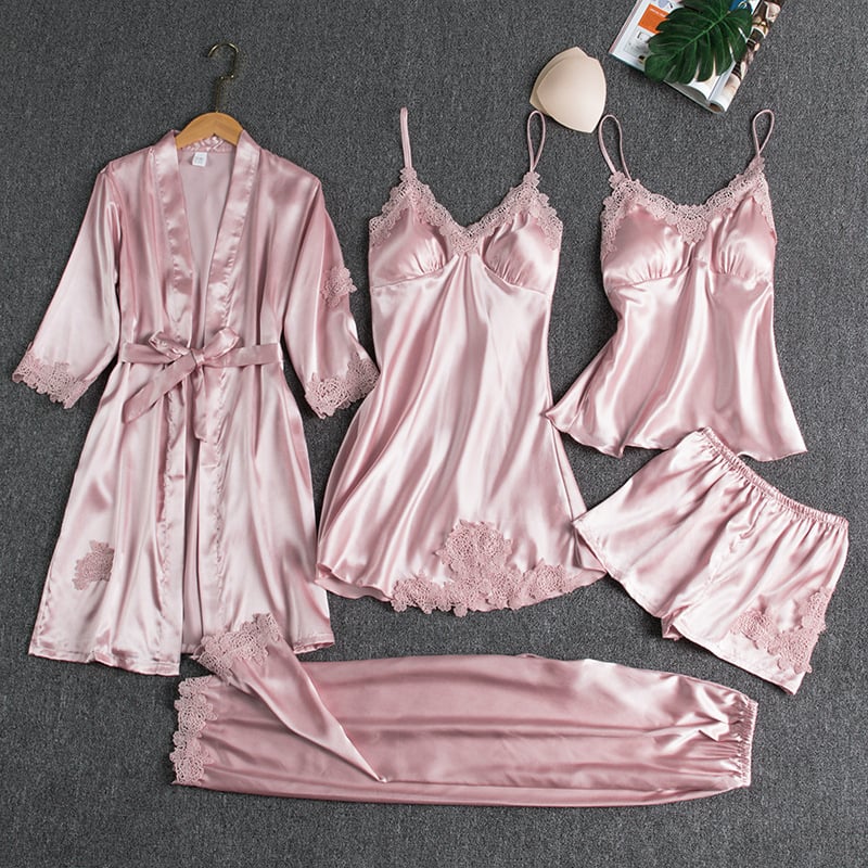 Luna | 5-Piece Satin & Lace Sleepwear Set