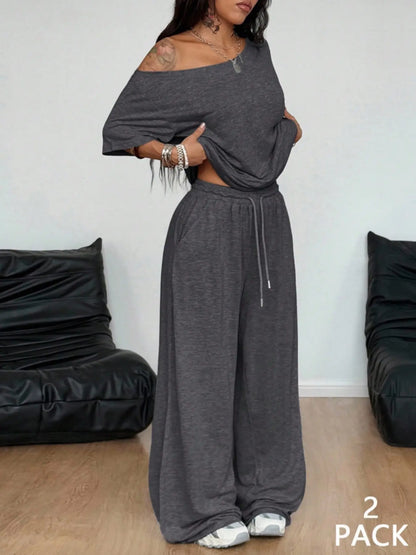 Chicbeautyy Off Shoulder T-Shirt and Wide Leg Pants Two Pieces Outfits