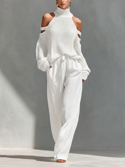 MARIA |  Knit Fabric Cold-Shoulder Turtleneck Top & Wide-Leg Pants Set