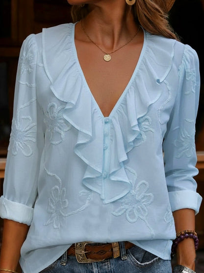 CELESTINE | VINTAGE FLORAL EMBROIDERED FRILL V-NECK SHIRT