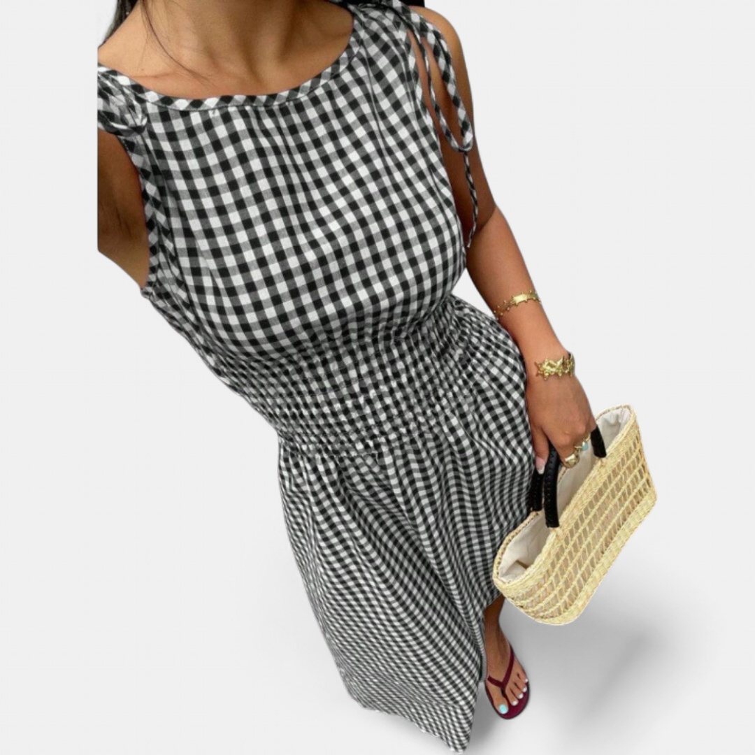 PERNETTE™ – Gingham Smocked Waist Midi Dress