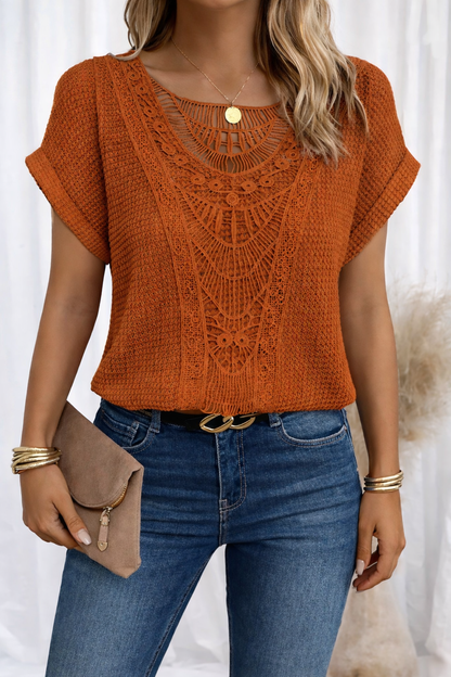 Ariana - Top with Round Neck and Lace Trim