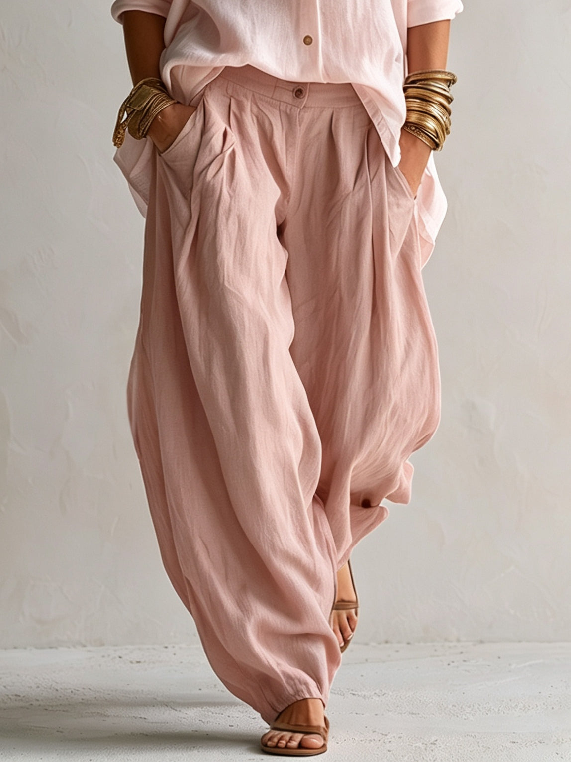 White Loose Shirt And Green Wide-leg Lantern Pants Suit