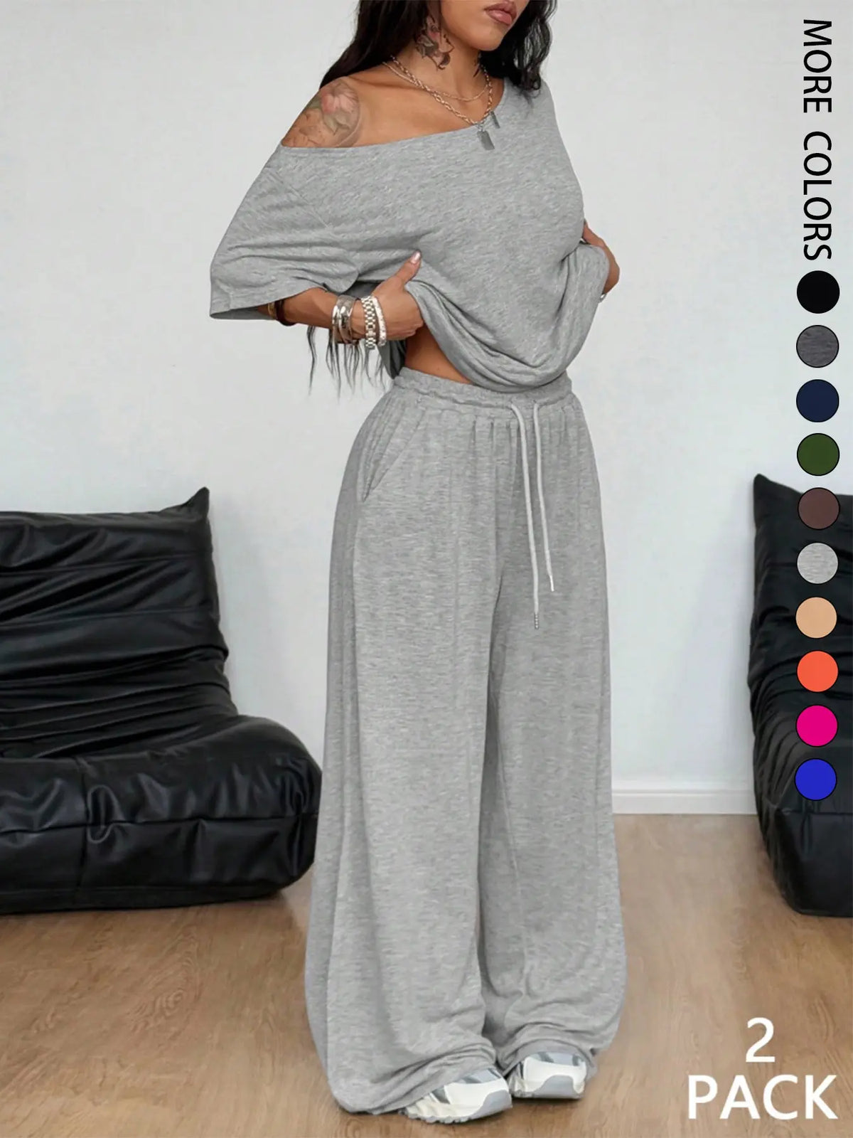 Chicbeautyy Off Shoulder T-Shirt and Wide Leg Pants Two Pieces Outfits