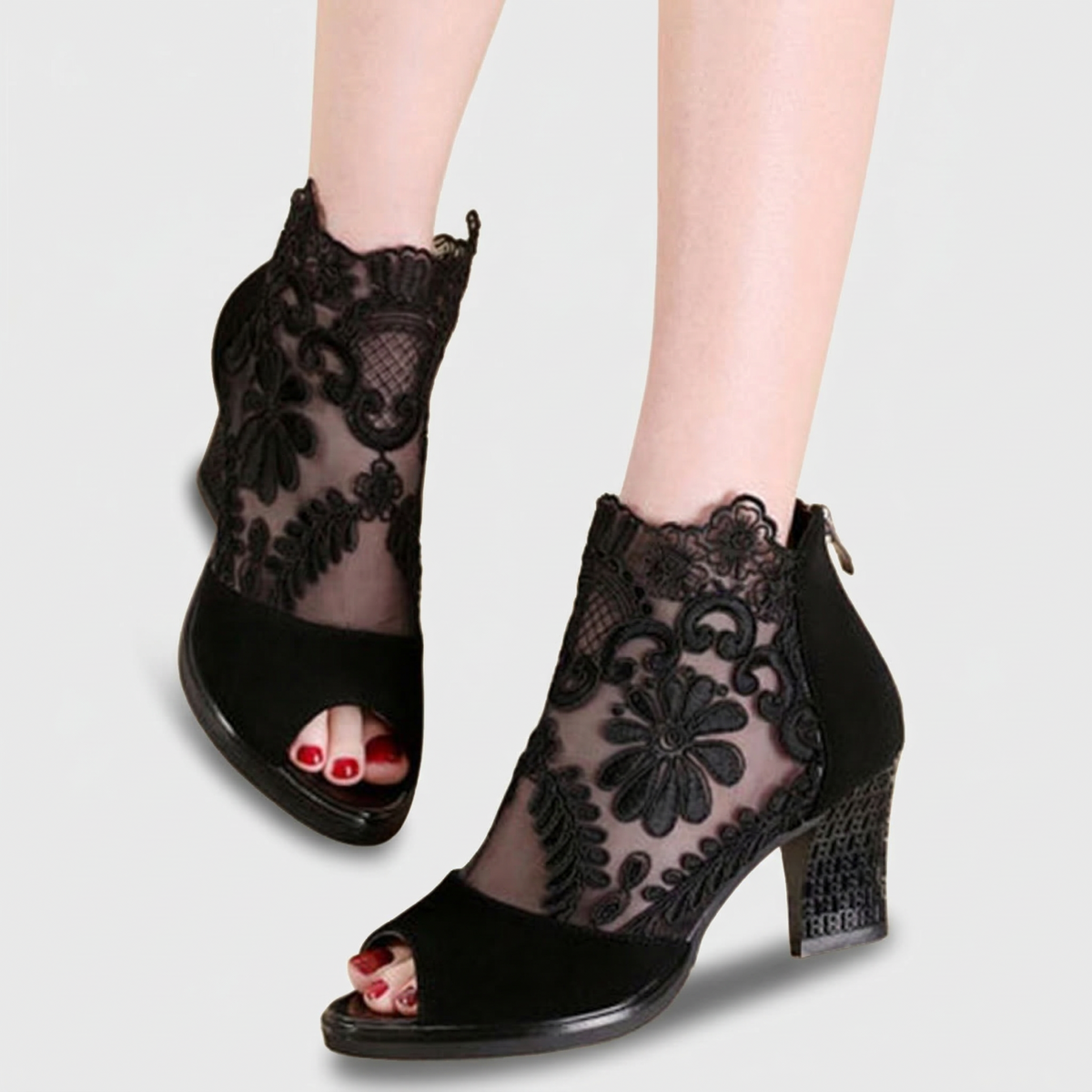 Rosalienne Elegant Lace Peep-Toe Heel Boots
