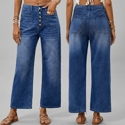 Women's Button Elastic Wide Leg Cropped Jeans | Relaxed Denim