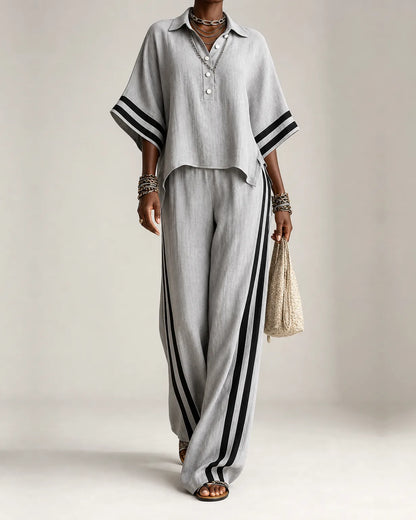 Naima | Polo Collar Top & Side-Stripe Wide-Leg Set