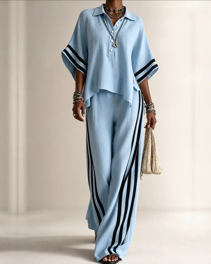 Naima | Polo Collar Top & Side-Stripe Wide-Leg Set