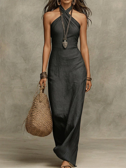 Avelina™ – Voluminous Long Cotton and Linen Dress, American Collar