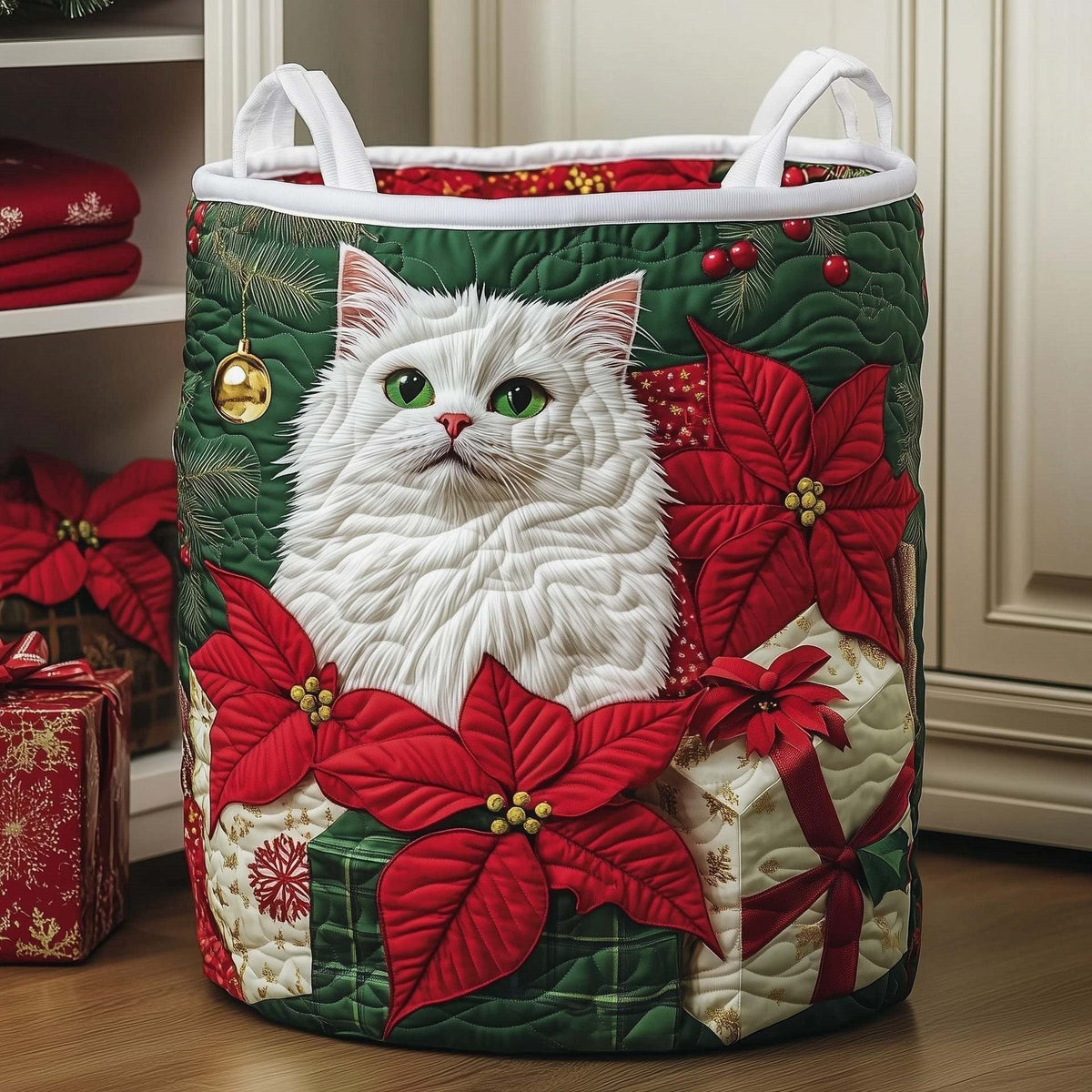 Poinsettia Snow Cat Laundry Basket
