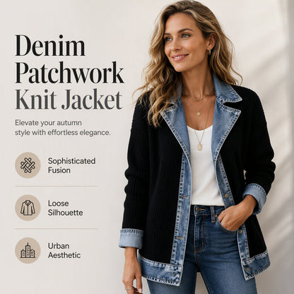 ⭐ Elegante damesjas van denim met geribbelde gebreide inzet