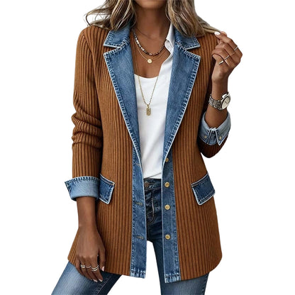 ⭐ Elegante damesjas van denim met geribbelde gebreide inzet